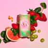 A can of Kin Euphorics Kin Bloom on a pink background with strawberries, grapefruit, white grape, orange peel and mint leaves Thumb