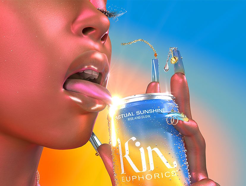 A person holding and licking a can of ​​Kin Euphorics Actual Sunshine. Can and persons nails are blue and yellow. Person is wearing gold jewelry