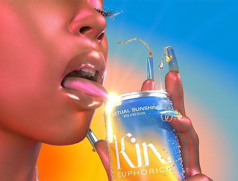 A person holding and licking a can of Kin Euphorics Actual Sunshine. Can and persons nails are blue and yellow. Person is wearing gold jewelry