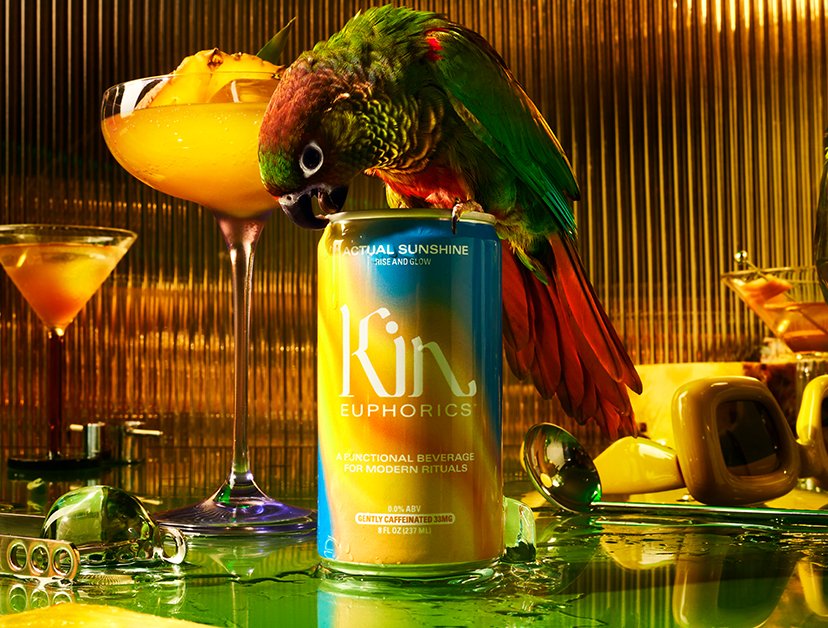 can of actual sunshine from kin euphorics with tall glass of non-alcoholic mimosa with a parrot