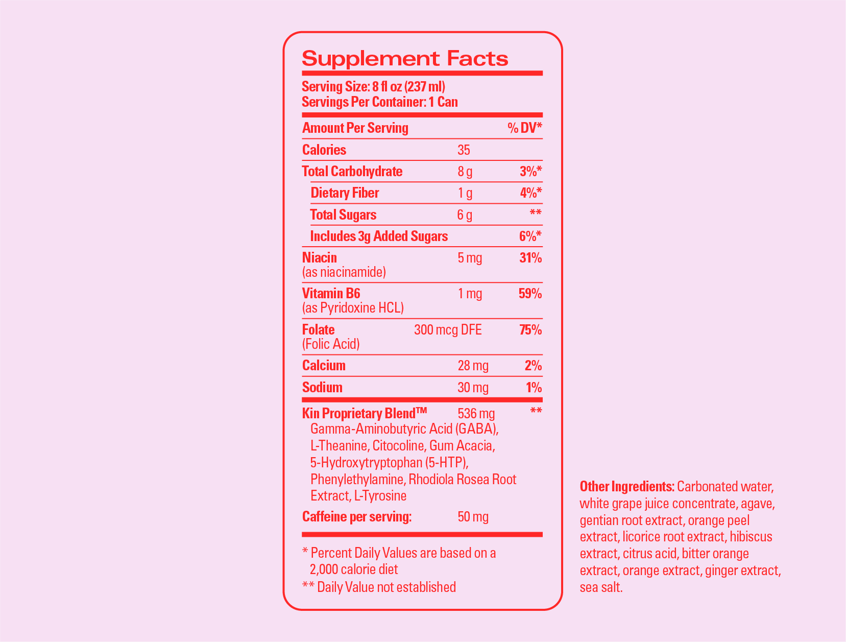 Nutrition Facts label panel for Kin Euphorics Kin Spritz