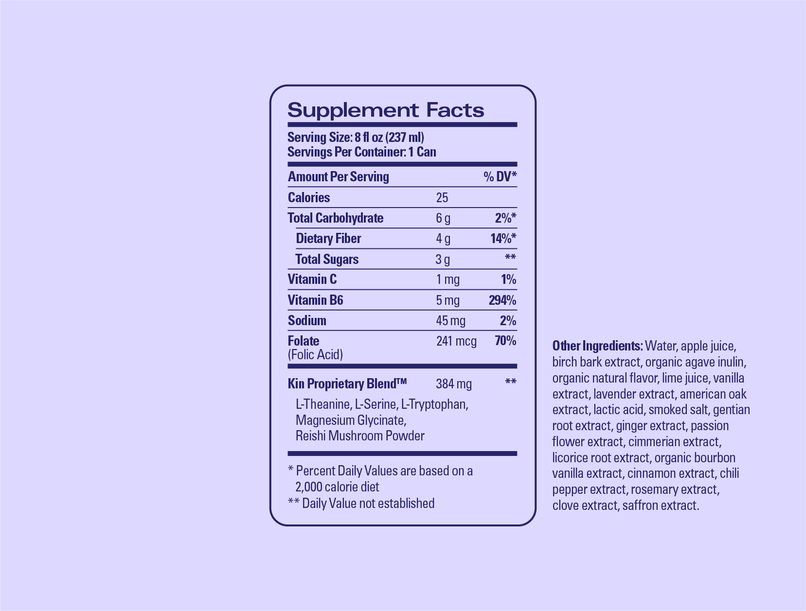 Nutrition Facts label panel for Kin Euphorics Lightwave