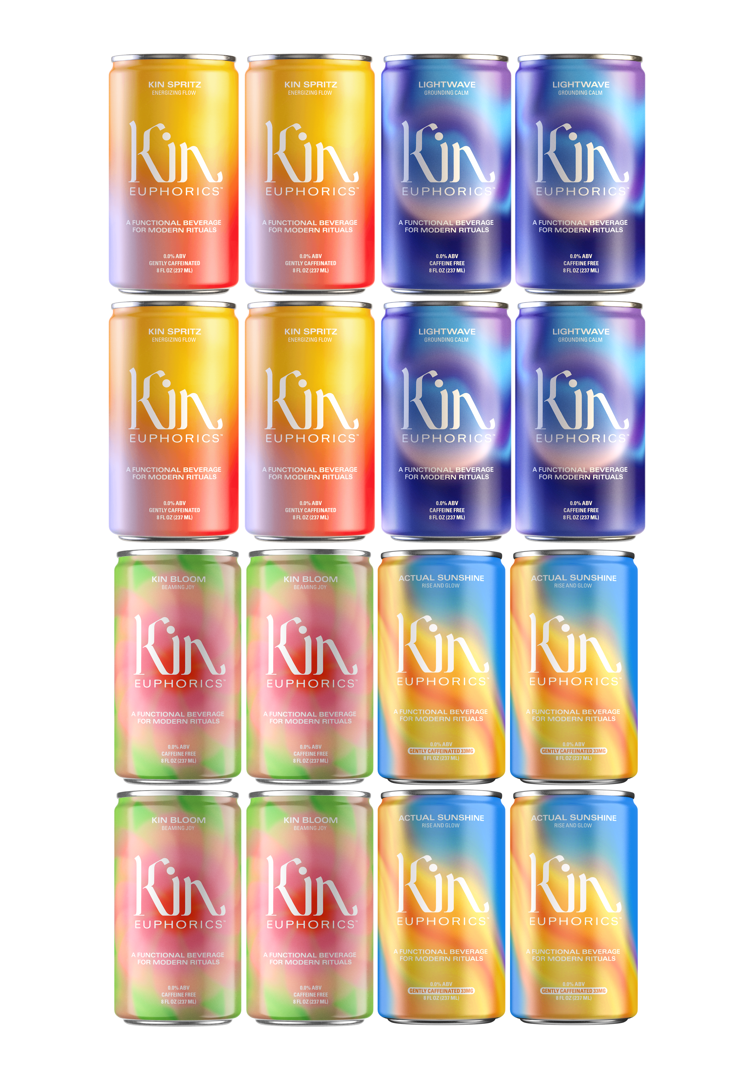 Kin Euphorics Variety 16 Pack with Kin Spritz, Lightwave, Kin Bloom, and Actual Sunshine cans