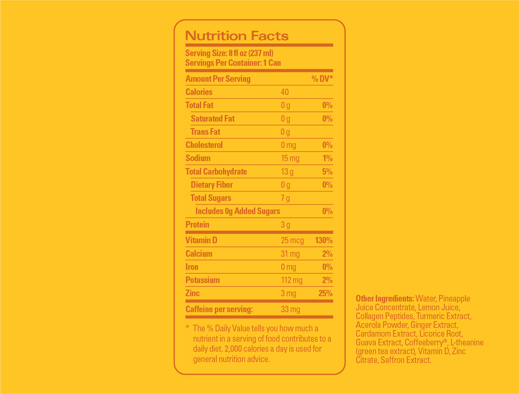 Nutrition Facts label panel for Kin Euphorics Actual Sunshine