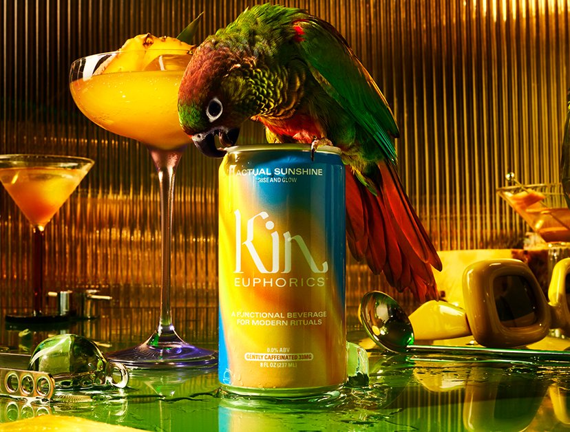 can of actual sunshine from kin euphorics with tall glass of non-alcoholic mimosa with a parrot 